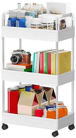 MEETOZ 3-Tier Storage Trolley on Wheels, Space-Saving Mobile Shelving Organizer, Storage Trolley Cart for Kitchen Bathroom Bedroom Office, White