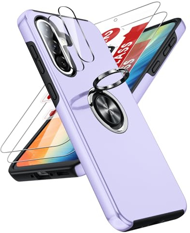 LeYi for Samsung Galaxy A36 Phone Case with 2 Screen and 2 Lens Protector | Protective Invisible Metal Ring Stand Holder Shockproof Tough Mobile Phone Cover for Galaxy A 36 - Purple