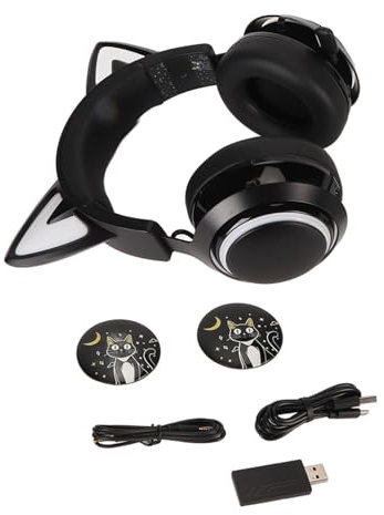 flexman Casque d'Écoute à Oreilles de Chat, 7 Lumières RVB, Casque sans Fil Bluetooth avec Micro Rétractable Rotatif à 120 Degrés, Son Surround 3D sur L'Oreille pour Filles (Black)