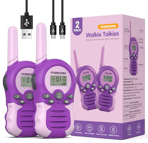 FOREDOM Walkie Talkie Ricaricabili per Bambini con Lunga Portata per Ragazzi e Ragazze da 3 a 12 Anni Regalo di Compleanno – Confezione da 2