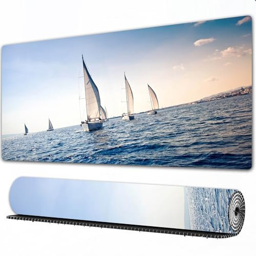FEHWI Mauspad 75×40 cm Verlängertes großes Mauspad Schreibtischauflage,Segelboot Nautische Rennen Segelboote im Mittelmeer Abenteuer Gewinner SPOR,genähte Kanten Gaming Mauspad,rutschfeste Gummibasis