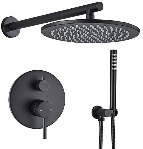 DXEMRQPB Set Doccia in Ottone Nero, Rubinetto per Bagno, Braccio Doccia, Miscelatore deviatore, Set di doccetta con soffione a Pioggia, Parete da 16 Pollici