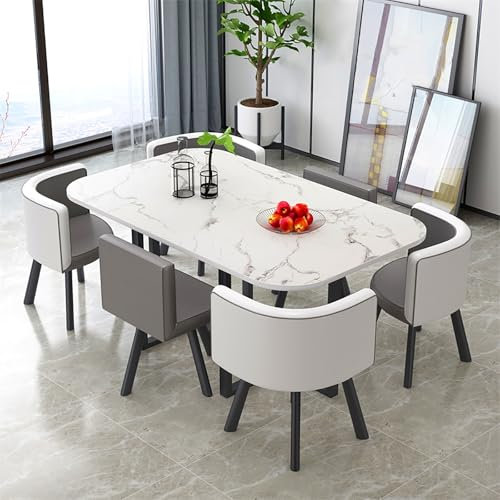 Modernes 7-teiliges Esstisch-Set mit Konferenztisch, 6 Stühlen und PU-Sitzfläche, ideal für Geschäftsbüros, Küchen und Wohnzimmer, graue Holz-Tischplatte mit stabilem Metallrahmen