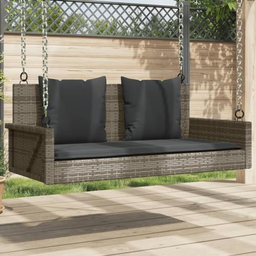 Makastle Hängeschaukel aus PE Rattan, Hängesessel Schwebesessel 2-Sitzer Hängebank Gartenschaukel Schaukelbank mit Sitzkissen, Grau 119x56x48 cm