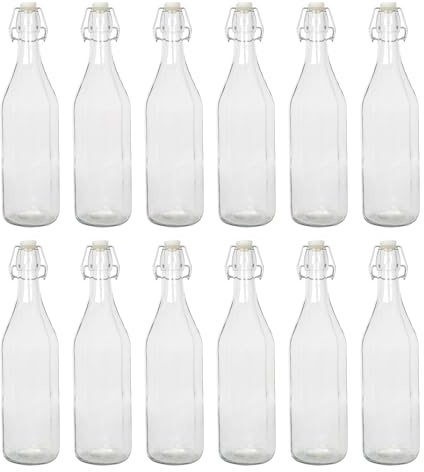 Argon Tableware 1.1 Litre Glass Bottles with Swing Top - Clear - 12x Reusable Empty Water Wine Milk Olive Oil Juice Gin Home Brew Brewing Drinking Fridge Dispenser Storage Jars with Stopper Lid