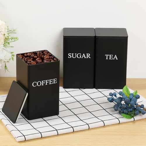 QINGLANG 3 barattoli per tè, caffè e zucchero, 1000 ml, in metallo, con coperchi ermetici, versatili, per cucina, casa, cucina (nero)