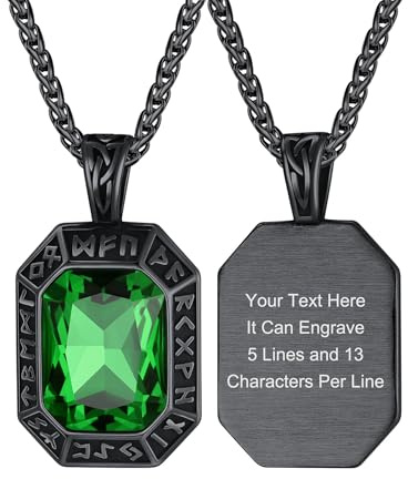 ChainsHouse Herren Damen Rune Kette mit Gravur Wikinger Rune Anhänger | Edelstahl Halskette mit Onyx/Rubin/Smaragd/Saphir Stein, Schutz Amulett Schmuck, Geschenk für Geburtstag Jahrestag