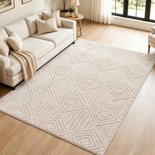 Capslapd Washable Rugs Living Room 120x180cm Non-Slip Fluffy Geometric Rug High Low Effect Modern Design Carpet High Pile Bedside Area Rug for Bedroom Dining Room Home Office Lounge Decor, Beige