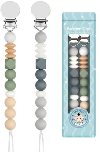 Yolnkos Attache Sucette Garçons Filles Silicone Soothie Tétine Clips Porte Accroche Chaîne Cadeau de Douche de Bébé 2pcs(Gris,Vert)