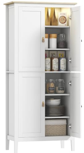 HOMCOM Buffet Cuisine LED Réglable Rangement 80 x 40 x 176,5 cm Blanc | Détecteur de Mouvement, Meuble Cuisine Rangement Haut, Meuble de Rangement, Placards à Double Porte, Étagères Réglables