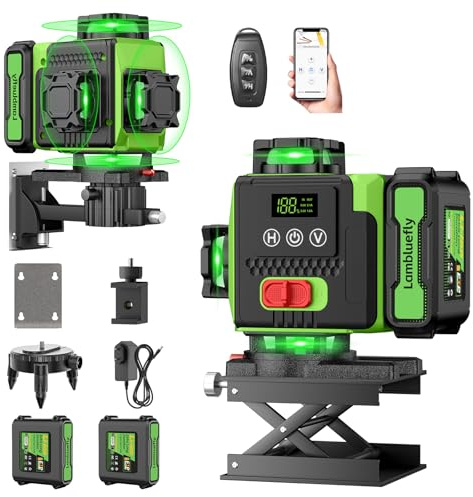 Lambluefly Niveau Laser 4 x 360°, 4D 16 Lignes Laser Chantier avec 2 x 5000mAh Batterie & Affichage LED, Niveau Laser 360 Autonivelant, APP, Télécommande, IP54 Étanche et Anti-Poussière