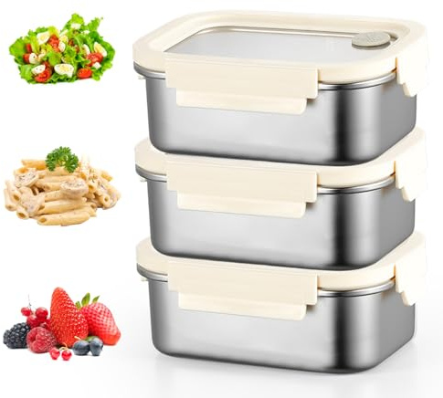 WIYETY 3 Stück 304 Edelstahl Frischhaltedosen: 800ml Luftdichte Bento-Lunchbox, Frischhaltedosen aus Edelstahl, Vorratsdose Lebensmittelbehälter, Luchbox mit luftdichtem Deckel, für Küche Büro Reise