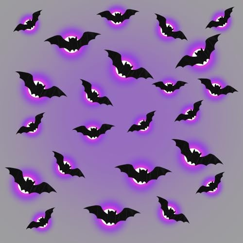 Décoration d'Halloween chauve-souris LED : lot de 24 autocollants violets chauve-souris décoration d'Halloween, stickers muraux 3D chauve-souris autocollants muraux avec batterie, pour extérieur, fête