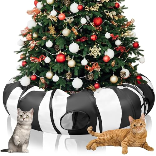 SilTriangle Katzentunnel-Baum, Weihnachten, 1,8 m x 30 cm, insgesamt 1,2 m x 1,2 m x 30 cm, Weihnachten, Katzenkreis, Tunnel, unter Baum, Weihnachten, schwarz, weiß, faltbar, Peekaboo-Höhle, Spielzeug