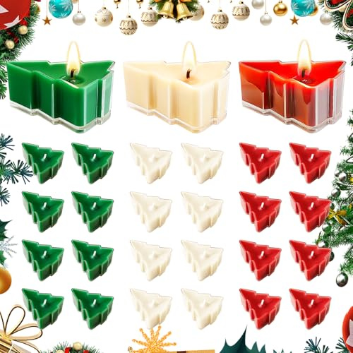 24 Stück Weihnachten Teelichter - Handgefertigte Exquisite Christbaumkerzen mit Transparent Halter - 8 Rot, 8 Grün, 8 Weiß - Adventsdeko, Weihnachtskerzen Set für Haus Weihnachten Dekoration Geschenke