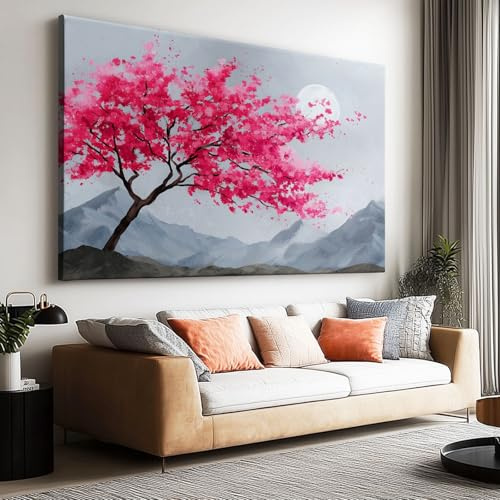 Leinwand Bilder Aquarell Japanischer Kirschbaum Berge Poster Hochwertige Wandbilder für Wohnzimmer Schlafzimmer Heimbüro Restaurant Wanddekoration 120x60cm