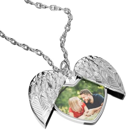 Personalised Locket Women Necklace w/ Picture Inside (silver heart wings)