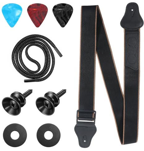 Alrhso Gitarrengurt Set mit Leder Ende, Baumwolle Geflochtene E-Gitarre Gurte mit 3 Plektrumhaltern, 3 Gitarrenplektren, 2 Gitarrengurtknöpfen für Westerngitarre, Akustikgitarre (Schwarz)