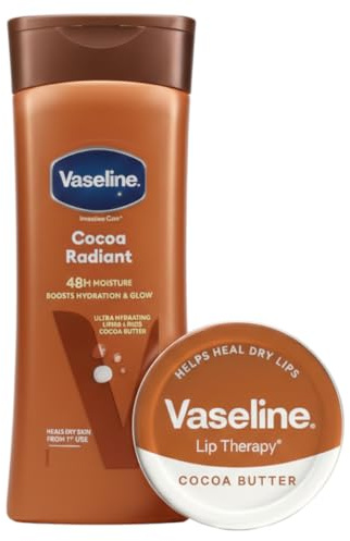 Vaseline Intensive Care COCOA RADIANT Body Lotion (400ml) and Lip Therapy COCOA BUTTER Tin (20g) Set – 48H Moisture for Glowing Skin & Healed Lips – 2-Piece Skin Care Bundle for Dry Skin