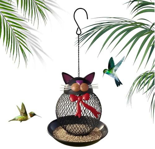 Bkljkf s De Aves Silvestres - Estación De Alimentación Decorativa De Metal En Forma De Gato,Colgante para Aves - para Uso En Jardín Balcón Patio Porche con Azulejo Y Jilguero