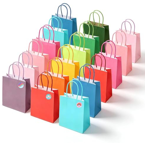 Multipack 24 Mini Paper Favour Bags with Handles 12x6x16cm | Rainbow 12 Coloured Party Treat Bags for Kids Birthday, Party Treats, Sweets, Candy