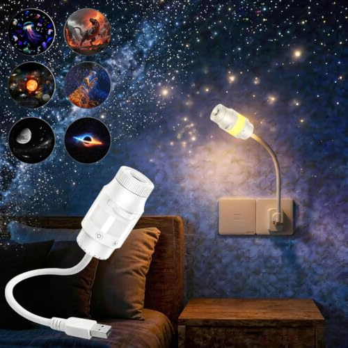 Crebeau Proyector de luz nocturna holográfica 5D inteligente HD dinámico, 360° USB, galaxia, luna, proyector para dormitorio, coche, techo, dormitorio, decoración de pared, con 6 películas