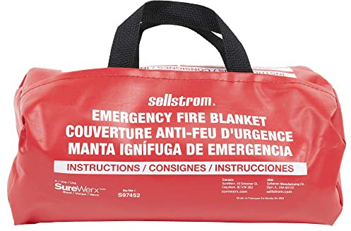 Sellstrom – 100% Fiberglass Emergency Fire Blanket - 6' x 5' - High Temperature Resistant - Small Red Vinyl Handle Bag - White