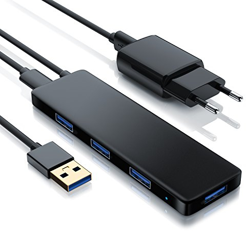 CSL - USB 3.0 Hub mit Netzteil - Ultra Slim 4-Port Verteiler - Datenhub für PC PS4 Notebook Netbook Laptop Ultrabook Tablet-PC MacBook - Bus-Powered - Blue Power LED - inkl. Netzteil