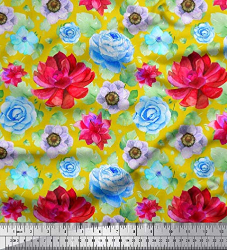 Soimoi Gelb Baumwoll-Voile Stoff Monstera Blutter, Anemone & Begonie Blumen- Stoff drucken Meter 56 Zoll breit