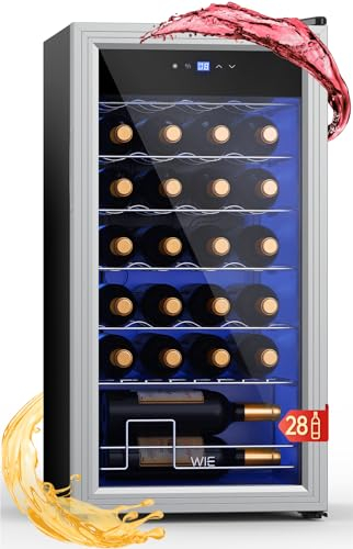 WIE Weinkühlschrank Compressor 82 Liter 28 Flaschen Getränkekühlschrank Kleiner Weinschrank Klein mit Glastür,Vollglas-Designtür mit LED Touchpanel,Anti-UV, Wine Fridge 5-18°C
