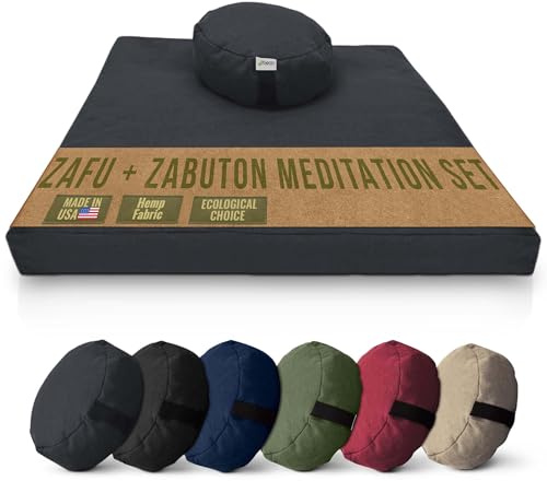 Meditation Cushion Mat Set HEMP - Round Zafu Floor Pillow Organic Buckwheat Pillow + Cotton Filled Zabuton Prayer Pad - Meditation Pillow Yoga Knee Pad - Made in USA - 14 Round, SHADOW GRAY Hemp