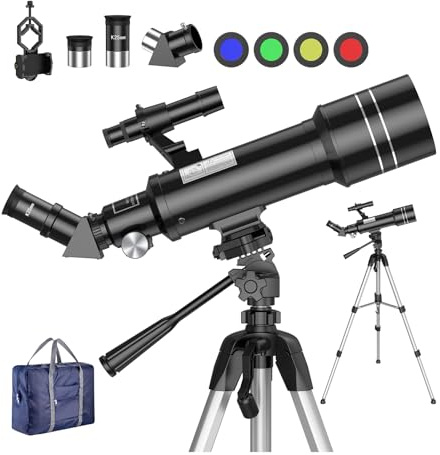 BNISE Tragbares Astronomie Teleskop für Einsteiger - 70 mm Öffnung 400 mm Brennweite Reiseteleskop, 16X-67X Vergrößerung mit 45° Zenitspiegel, 5x24 Sucherfernrohr, Tragetasche, Auslösekabel