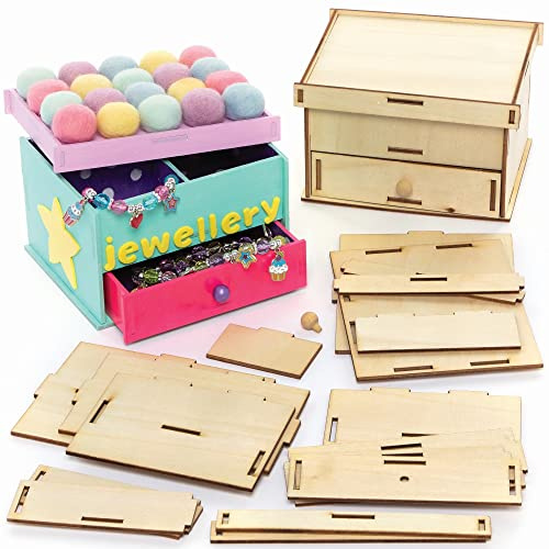 Baker Ross Wooden Jewellery Box Kits - Pack of 2, Wood Crafts for Children (FC548)