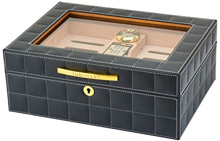AKT Luxus Zedernholz Humidor Zigarrenschachtel Lederoberfläche Große Kapazität Von 50 Zigarren Zigarrenaufbewahrungsbox mit Hygrometer Luftbefeuchter,Gray