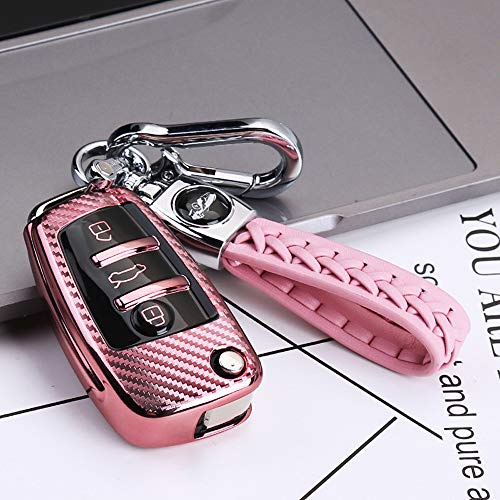 ontto Autoschlüssel Hülle Cover für A3 S3 TT A4 A6 Q7 A1 S1 Q3 RS4 RS6 Q5 TTS R8 Seat Exeo 3R Schlüsselhülle mit Schlüsselanhänger TPU Kohlefaser Muster Schlüssel Schutz Etui Case 3 Tasten-Rosa
