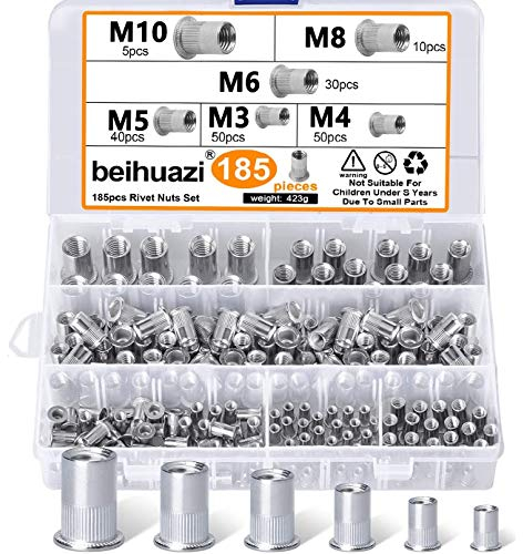 beihuazi® Nietmuttern Gewindenieten M3 M4 M5 M6 M8 M10 Blindnietmutter 304 Edelstahl Einnietmuttern Set(185PCS 6 Types)