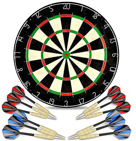 LinkVisions Dartscheibe aus Sisal/Borsten, mit klammerfreiem Bullseye und 12 Steeltip Dartpfeilen Plus starkem Aluminiumschaft, 45,2 cm 3,8 cm, inklusive Montage-Kits