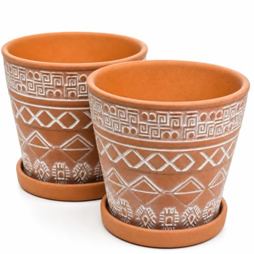 Cedilis 2 Pack Terracotta Pots, 5 Inch/12.7 cm Red Clay Planter Pots with Drainage and Saucers, Ceramic Pottery Succulent Planter, Garden Cactus Flower Planters with White Geometric Designs