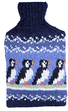 Pachamama Handgestrickter Wärmflaschenbezug und 2 Liter Wärmflasche, Papageientauchmuster, handgefertigt, Fair-Trade-Mehrfarbig