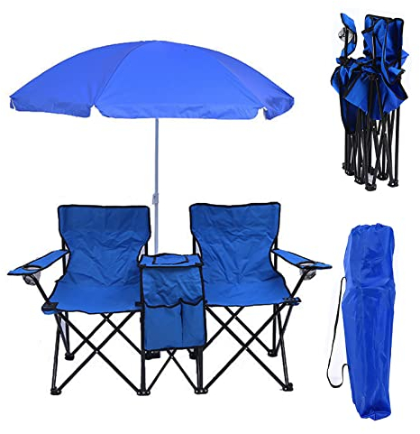 Double Folding Beach Chair Camping Chair Shade Canopy with Removable Umbrella for Garden Patio Pool Beach with Mini Table Beverage Cup Holder Carrying Bag,Blue,140 * 44 * 81cm