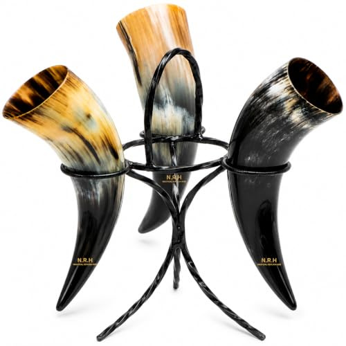 Nautical Replica Hub Set of 3 Viking Drinking Horns with Metal Stand for Men and Women - Genuine Handcrafted Viking Horn Cups for Mead, Ale and Beer
