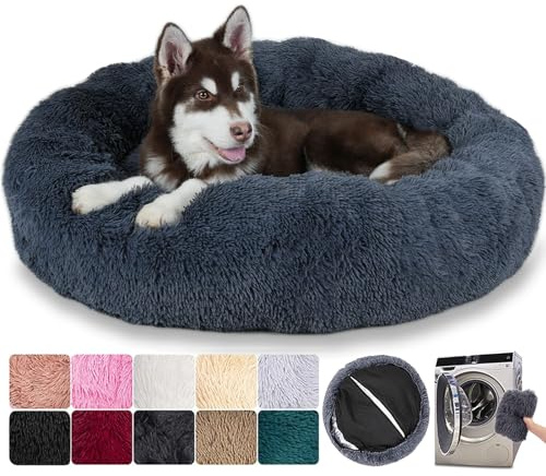 Hundebett, rund, ausziehbar, Kissen für Hunde, Katzen, waschbar, Bett für Hunde, große Größe, orthopädisch, flauschig und bequem (5XL:120 cm, Dunkelgrau)