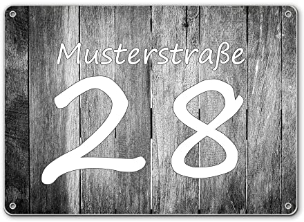 banjado® Hausnummernschild personalisierbar Motiv Holz Monochrom - Hausschild personalisiert Draußen mit Straßennamen möglich - Hausnummernschild Edelstahl versch. Motive - inkl. Montagematerial