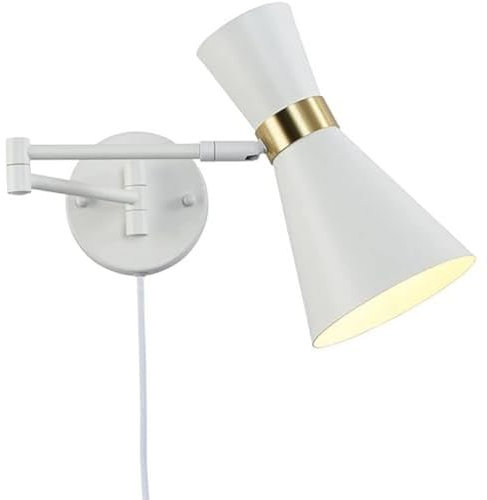 Applique da parete con braccio articolato con interruttore a cavo e spina Paralume in oro bianco Presa E27 per la lettura della camera da letto Testiera dell'hotel