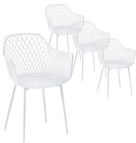 Buybyroom - Juego de 4 sillas de comedor con reposabrazos, respaldo de patas metálicas para cocina, asiento de plástico, color blanco