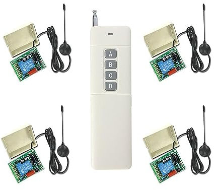 4-Kanäle AC Funkfernsteuerung Funkschaltsystem 230VAC 220v – 4-Taste Sender & 4 stück Empfänger mit Antenne für Licht Motor Pumpe 433MHz Relais Schalter Funkschalter mit Sender