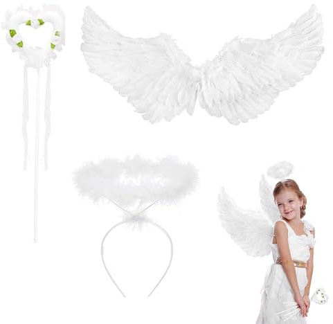 Engelsflügel Weiß, 60*35cm Engel Flügel Kostüm Kinder mit Heiligenschein und Zauberstab, Federflügel Engel Wings Weiss Engel Kostüm Damen Kinder für Halloween Karneval Cosplay Party Cosplay