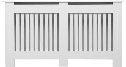 Vivo Technologies Large Radiator Cover White Modern, MDF Wood Vertical Slat Grill Shelf Cabinet Decorative Heater Cover, W 152 x H 82 x D 19 cm