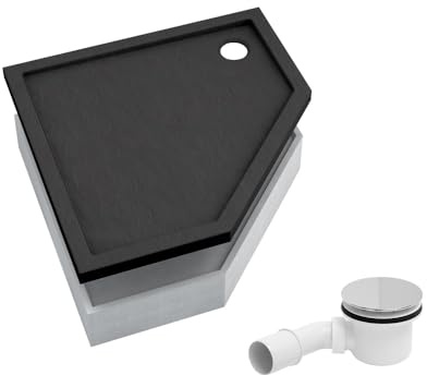 AQUABAD Duschwanne/Duschtasse | Komplettset Basic Black Stone 90x90cm Fünfeck | inkl. Styroporträger und Marken-Siphon 90mm mit Chromdeckel | (Gesamthöhe inkl. Träger 16 cm) zum Befliesen