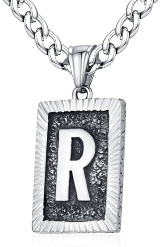 XIRUVE Herren Damen Edelstahl Buchstabe A bis Z Viereck Retro Stil Anhänger Initiale Halskette mit 6mm breite Panzerkette Länge Verstellbar R